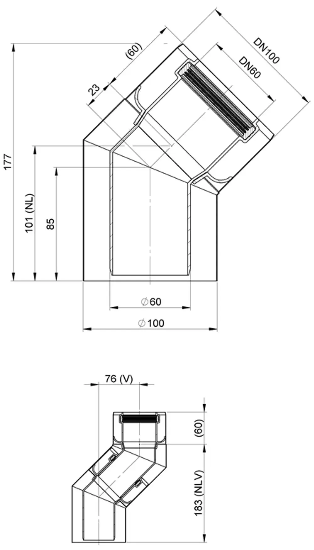 Edelstahlbogen mit 45 Grad Winkel, geeignet für DN60 und DN100 Rohrsysteme. ATEC Produkt mit detaillierten Maßangaben für die Installation.