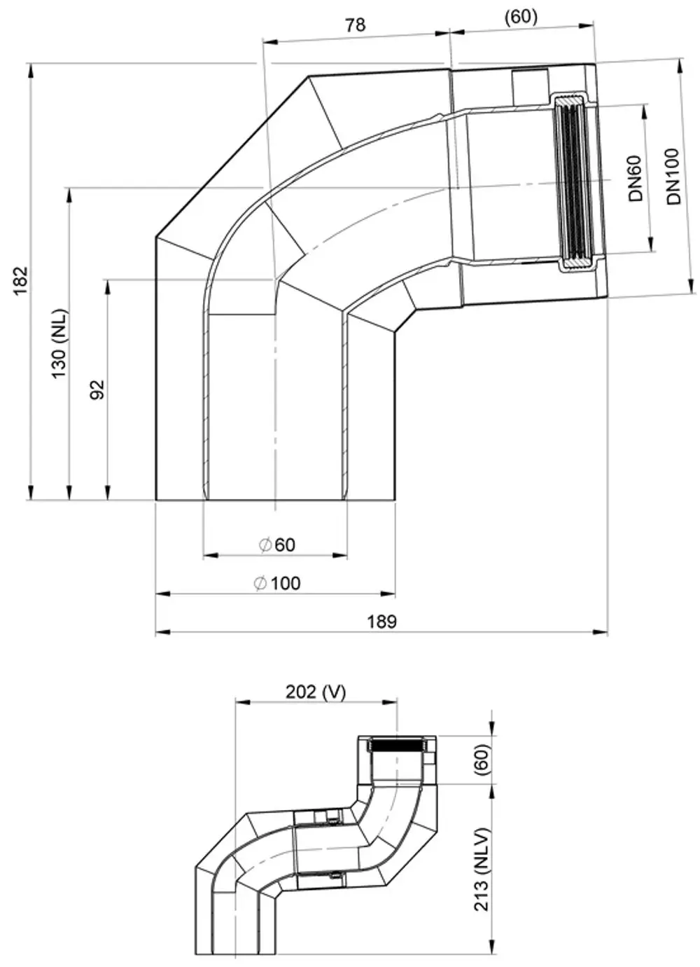 Edelstahl-Bogen aus dem Hause ATEC, mit einer gekrümmten Form zur Verbindung von Rohren, für DN60 und DN100, Maße klar in der technischen Zeichnung dargestellt.