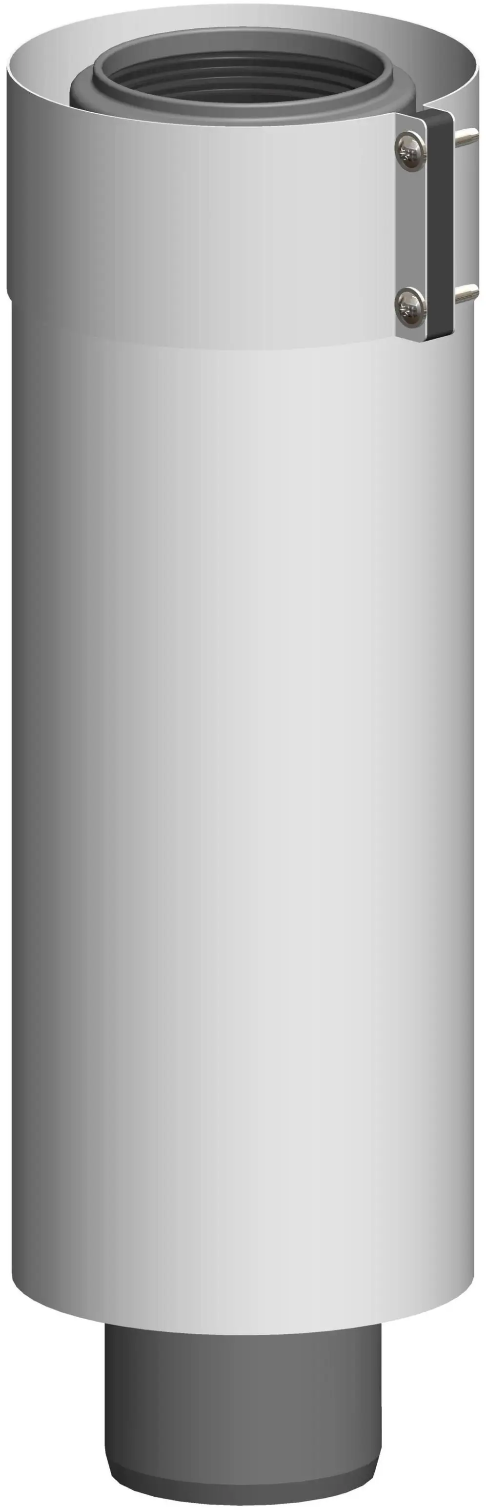 Zylindrisches Rohr in Silber mit beiliegender Halterung, hergestellt von ATEC, geeignet für Abgasführung, fokussiertes Design ohne sichtbare Maße.