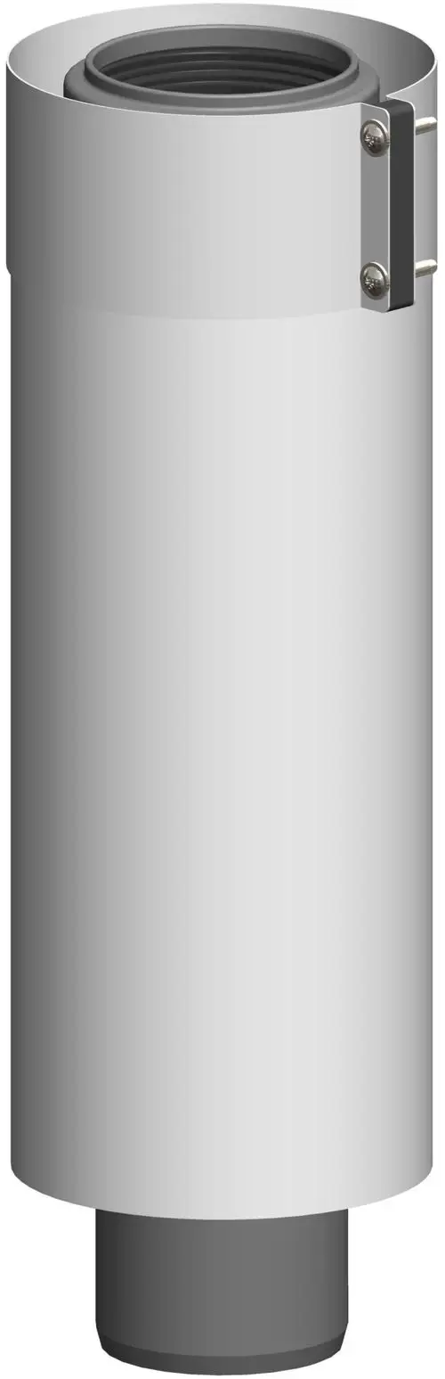 Zylindrisches Rohr in Silber mit beiliegender Halterung, hergestellt von ATEC, geeignet für Abgasführung, fokussiertes Design ohne sichtbare Maße.