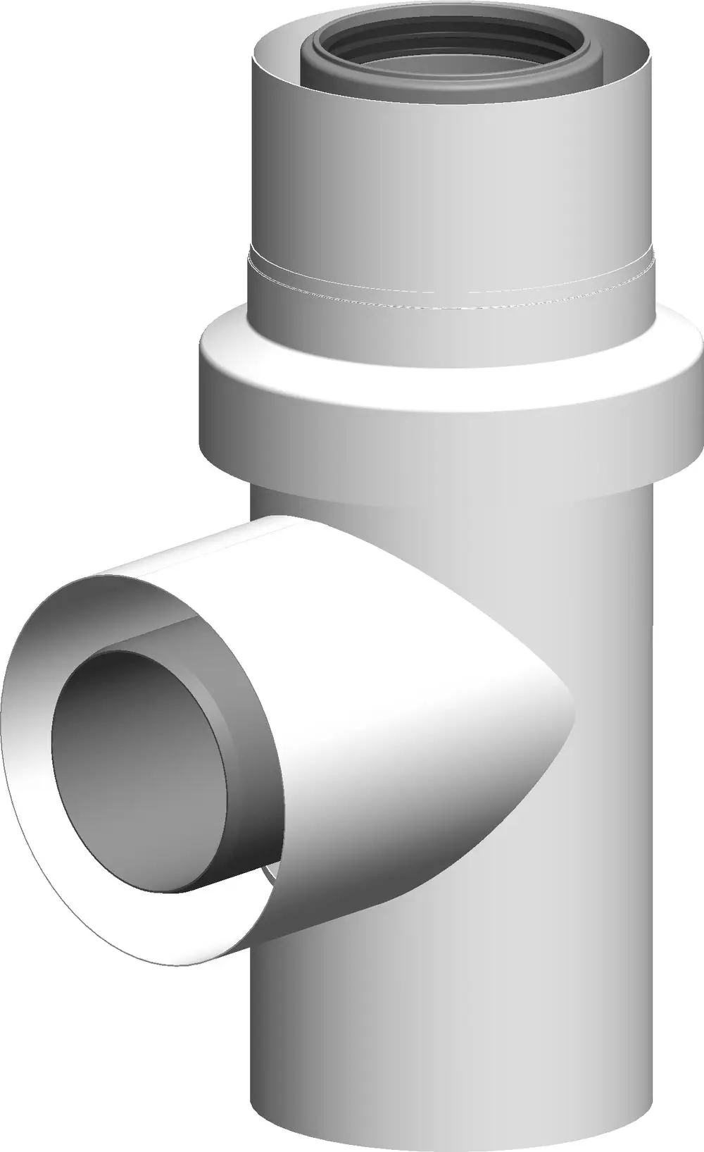 Weißes T-Stück mit einem abgehenden Rohranschluss, verwendet für die Verbindung von Rohren in Installationen, von der Marke ATEC.