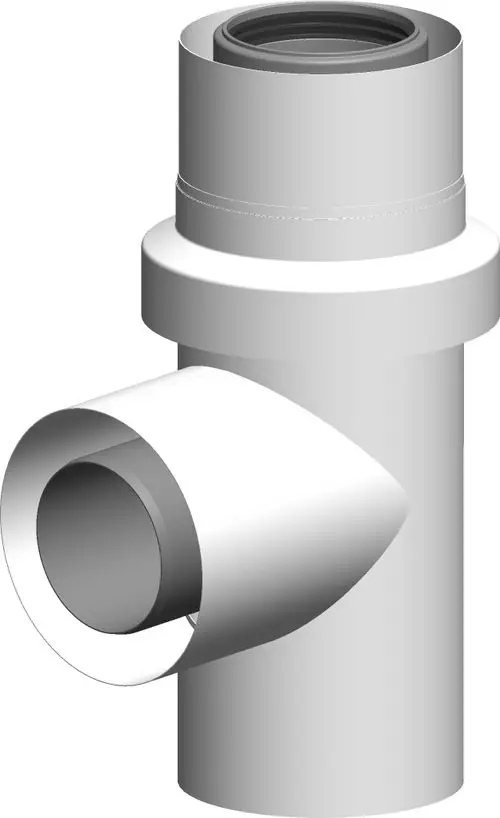 Weißes T-Stück mit einem abgehenden Rohranschluss, verwendet für die Verbindung von Rohren in Installationen, von der Marke ATEC.