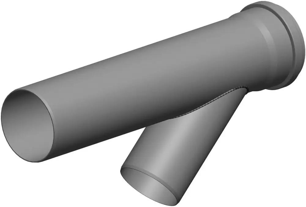 Rohrverbindung von ATEC, die einen waagerechten und einen schrägen Anschluss zeigt, geeignet für die Verbindung von Rohren in einem Abwassersystem.