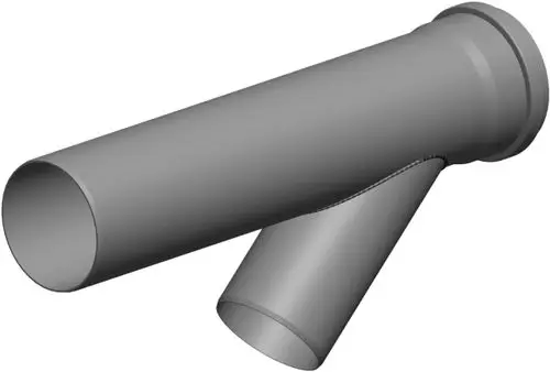 Rohrverbindung von ATEC, die einen waagerechten und einen schrägen Anschluss zeigt, geeignet für die Verbindung von Rohren in einem Abwassersystem.