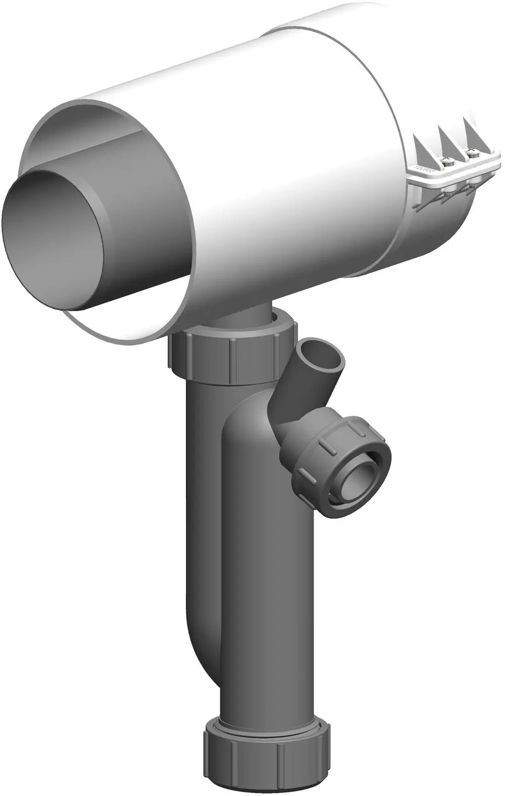 Kondensatablauf von ATEC, mit konischem Anschluss und integriertem Siphon, präsentiert in einer schematischen Darstellung mit verschiedenen Rohranschlüssen.