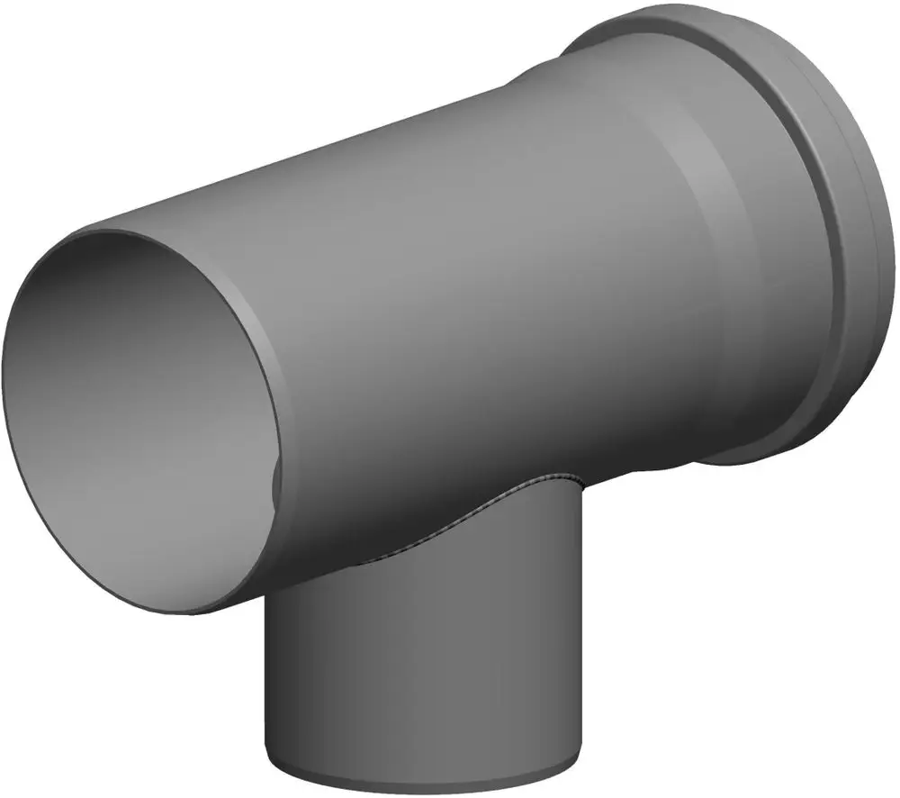 T-Stück aus Kunststoff, gefertigt von ATEC, mit zwei Anschlussmöglichkeiten. Die Konstruktion ermöglicht eine effektive Verteilung von Flüssigkeiten oder Gasen.