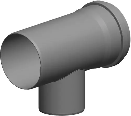 T-Stück aus Kunststoff, gefertigt von ATEC, mit zwei Anschlussmöglichkeiten. Die Konstruktion ermöglicht eine effektive Verteilung von Flüssigkeiten oder Gasen.