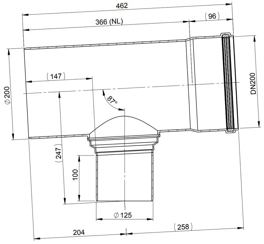ATEC T-Stück mit einem Anschluss von 200 mm und einem weiteren von 125 mm. Konstruktion zeigt die Ausrichtung der Anschlüsse und Maße in einem technischen Design.