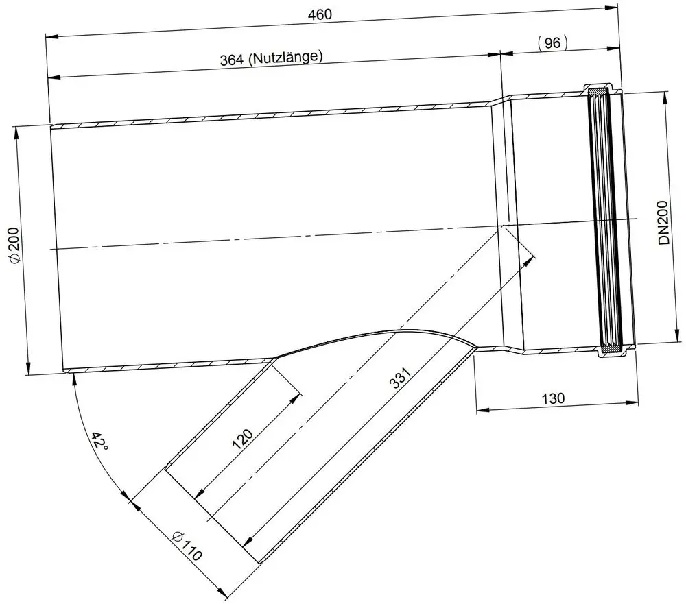 Abzweigstück von ATEC mit einem Durchmesser von 200 mm und einem Winkel von 42 Grad, mit zusätzlich einem Anschluss von 110 mm. Technische Maße sind abgebildet.