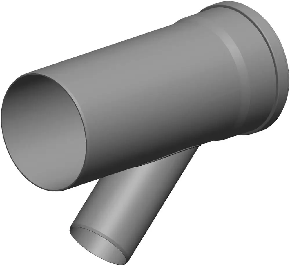 Grauer Rohrbogen mit zwei Anschlussstutzen, einer mit größerem Durchmesser, hergestellt von ATEC. Ideal für Abzweigungen in Rohrsystemen.