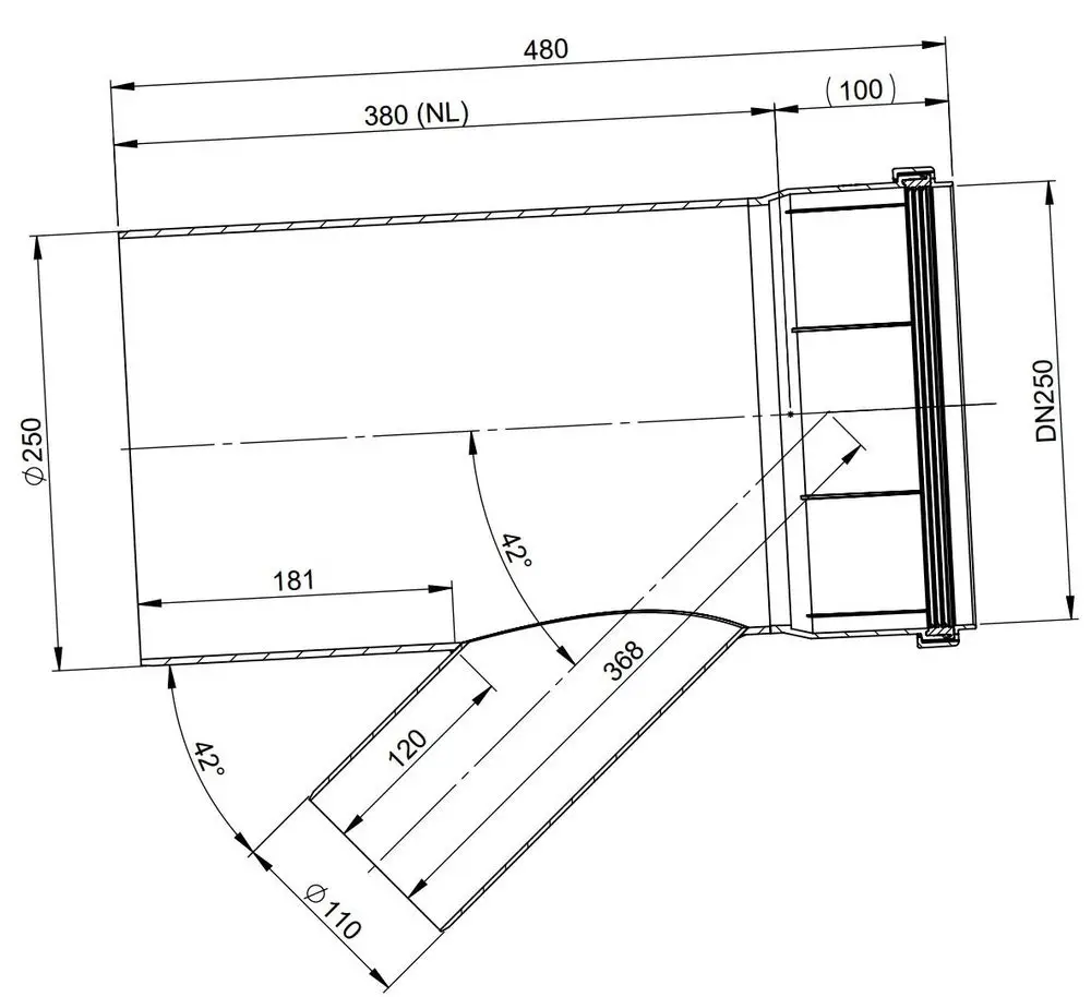 Abzweigstück von ATEC mit einem Durchmesser von 250 mm und einem Winkel von 42 Grad. Die Ausführung weist verschiedene Anschlussdurchmesser auf.