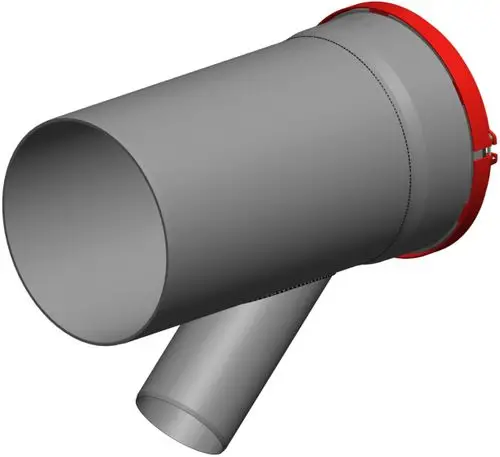 Graue Rohrverbindung mit einem roten Anschluss, die einen Abzweig präsentiert. Teile mit unterschiedlichen Durchmessern sind zu erkennen. Produkt von ATEC.