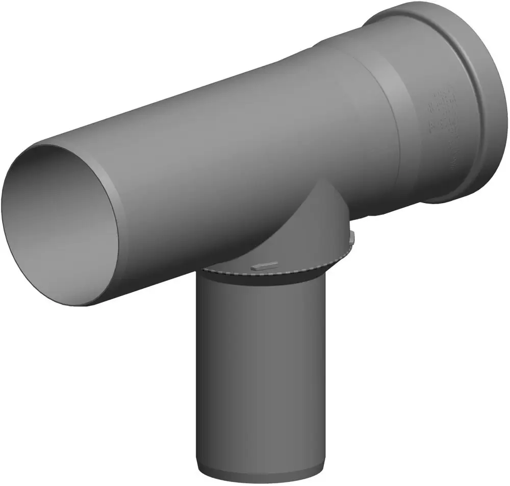 PVC-T-Stück von ATEC mit zwei Rohranschlüssen in verschiedenen Durchmessern, geeignet für Rohrleitungsinstallationen.