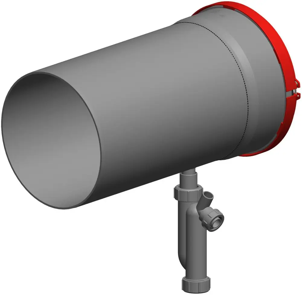 Kondensatablauf von ATEC mit Siphon, ausgestattet für Druck bis 1000 Pa. Sichtbare Anschlussleitung am unteren Ende des Ablaufs.