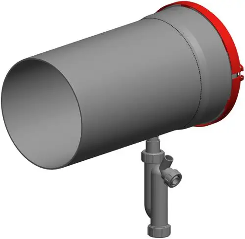 Kondensatablauf von ATEC mit Siphon, ausgestattet für Druck bis 1000 Pa. Sichtbare Anschlussleitung am unteren Ende des Ablaufs.