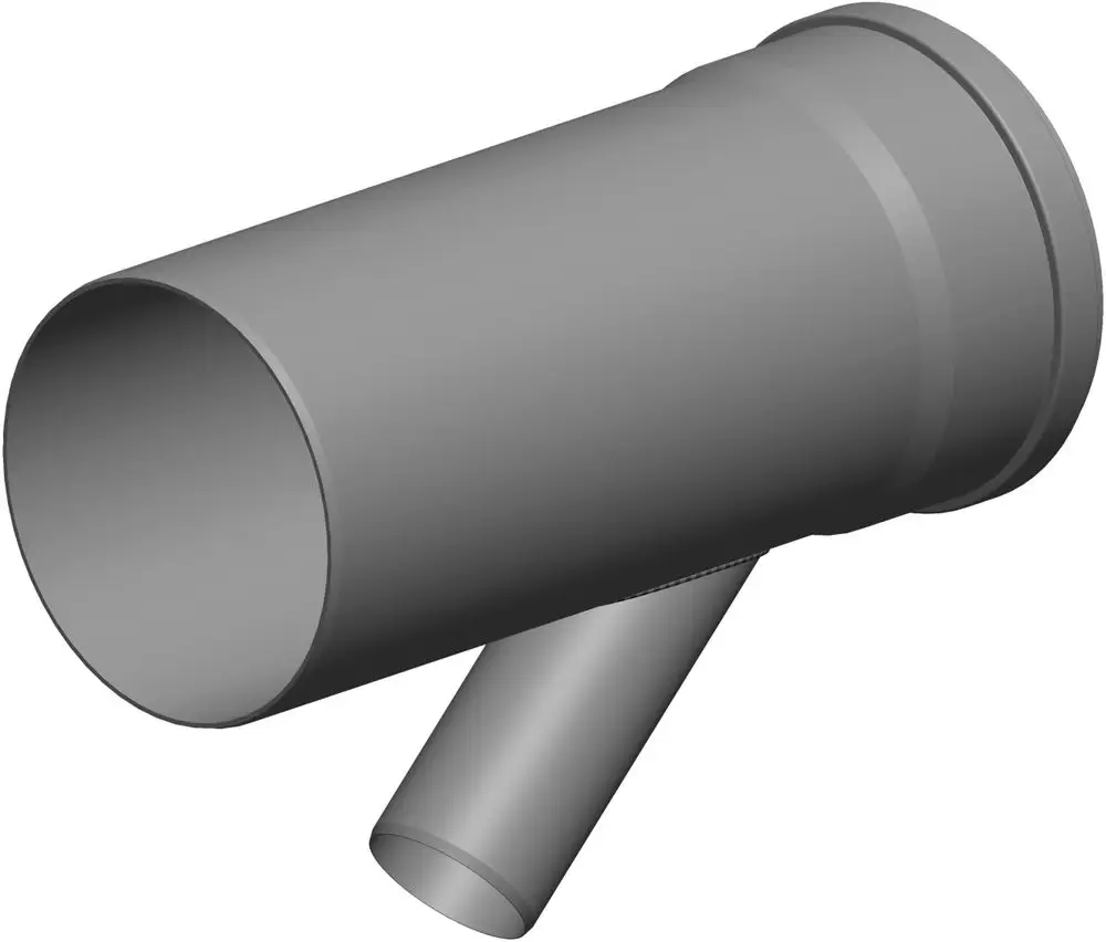 Rundes graues Rohr mit seitlichem Abzweig. Produkt von ATEC. Standard-Anwendung in Rohrleitungssystemen, um den Fluss zu steuern.