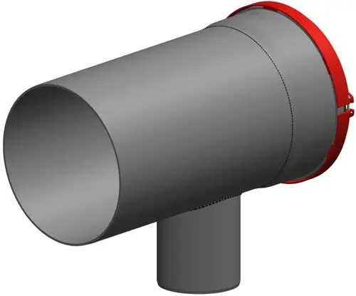 T-Stück aus Kunststoff mit einer Anschlussmöglichkeit und einer rot abgesetzten Verbindung. Produkt von ATEC für Rohrleitungssysteme.