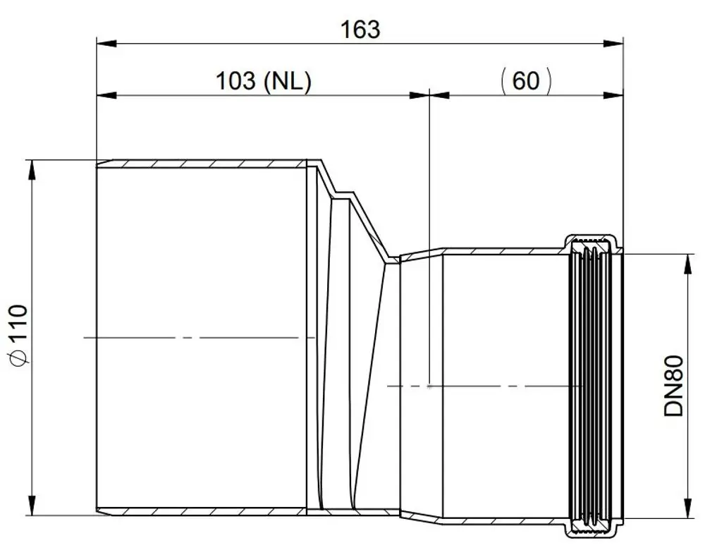 Exzentrische Reduktion von ATEC, dargestellt in technischer Zeichnung. Maße und Details sind erkennbar, passend für Rohrverbindungen im Sanitär- und Installationsbereich.