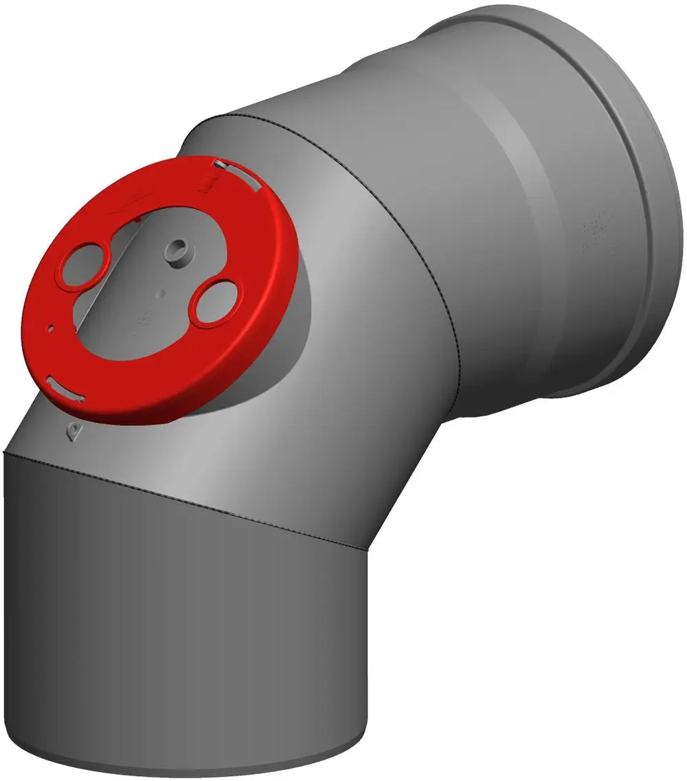 Bogenstück aus grauem Kunststoff mit einem roten Element, das für eine Kontrollfunktion dient. Produkt von ATEC, welches zur Rohrverbindung eingesetzt werden kann.