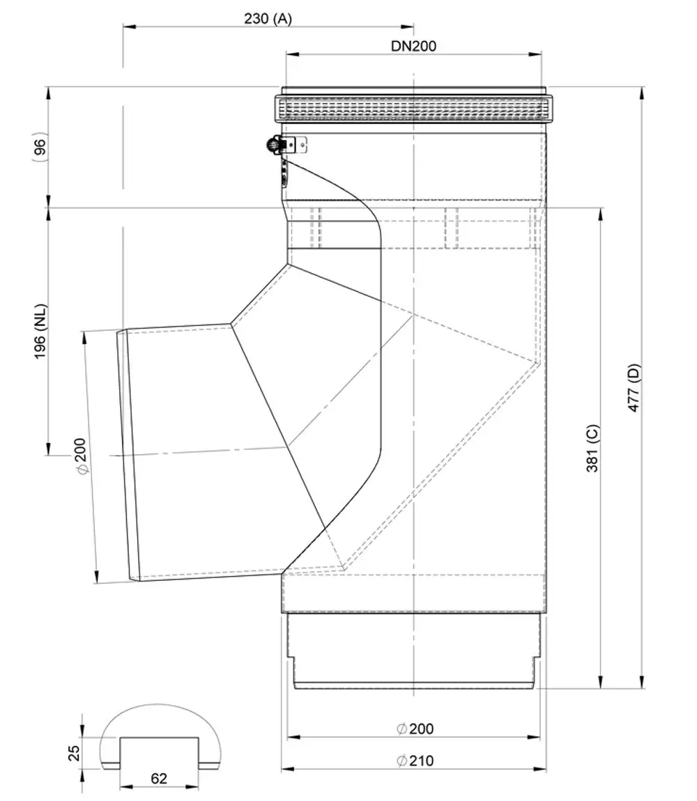 Schachteinführung von ATEC, Detailzeichnung mit Maßangaben und Anschlüssen, zeigt eine gebogene Verbindung für Rohrsysteme.