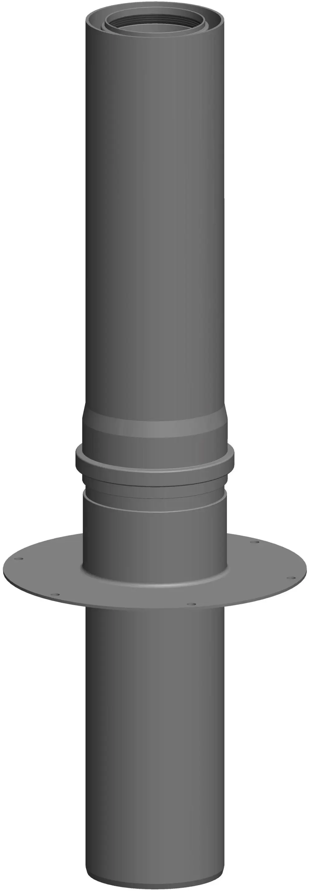 Abgasdurchgang aus grauem PVC mit flachem Flansch. Der Durchgang ist für den Einsatz in Flachdächern konzipiert und stammt von der Marke ATEC.