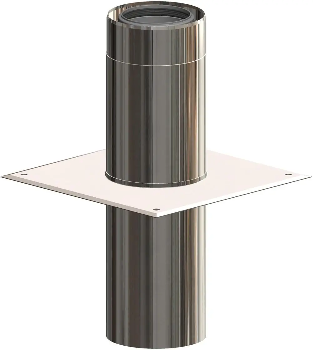 Aufsatzplatte aus Edelstahl von ATEC mit einer zylindrischen Form, montiert auf einer quadratischen Grundplatte. Ideal zur Erhöhung von Schornsteinanlagen.