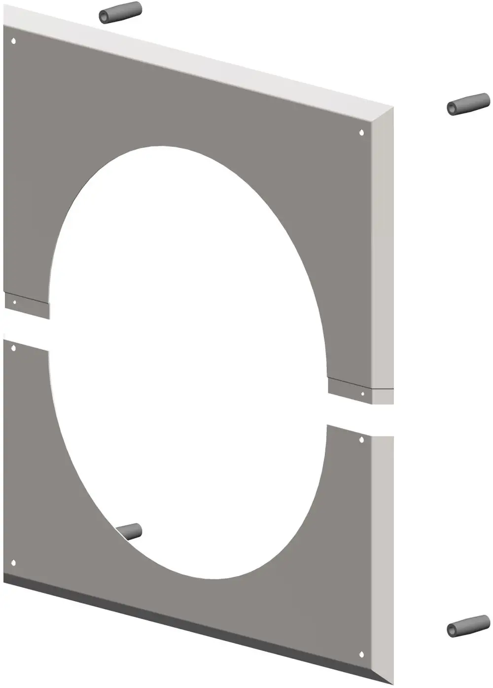 Wandblende von ATEC mit rundem Ausschnitt und Montageset, bestehend aus einem zwei geteilten Paneel und Befestigungselementen.