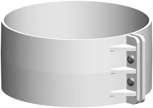 Weiße Verbindungsschelle mit seitlichem Befestigungsmechanismus, hergestellt von ATEC, zur Verbindung von Rohren oder Schläuchen in der Sanitärtechnik.