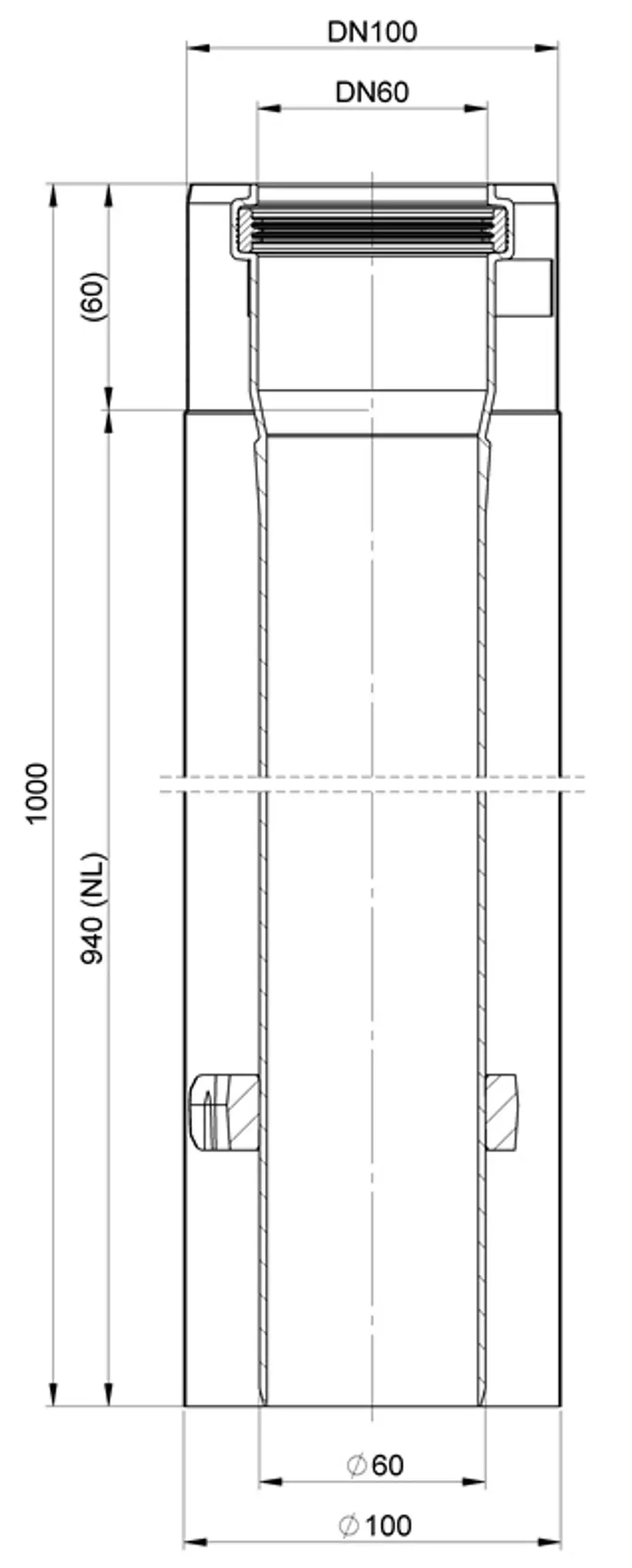 ATEC Produktzeichnung eines Rohres mit Düsenanschlüssen DN60 und DN100, senkrecht angeordnet, Länge von 940 mm, einfache, technische Darstellung ohne zusätzliche Details.