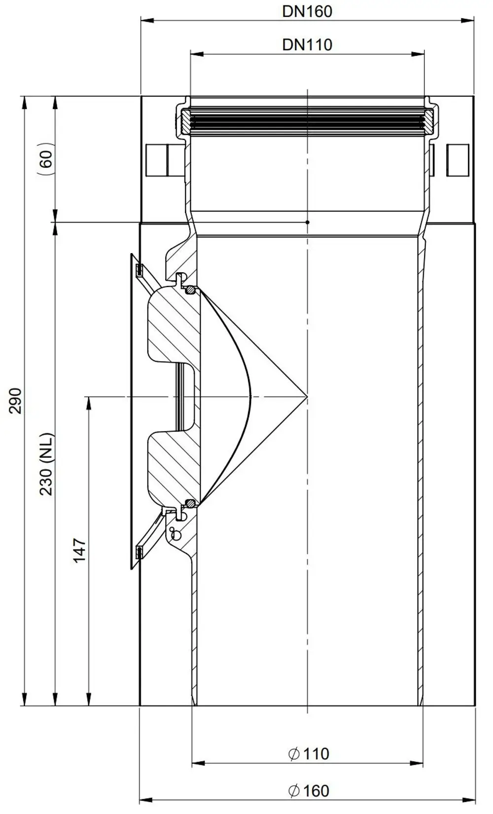 Schematische Zeichnung eines Kontroll-Rohrs, dargestellt in Seitenansicht, mit technischen Maßen und ATEC-Logo.