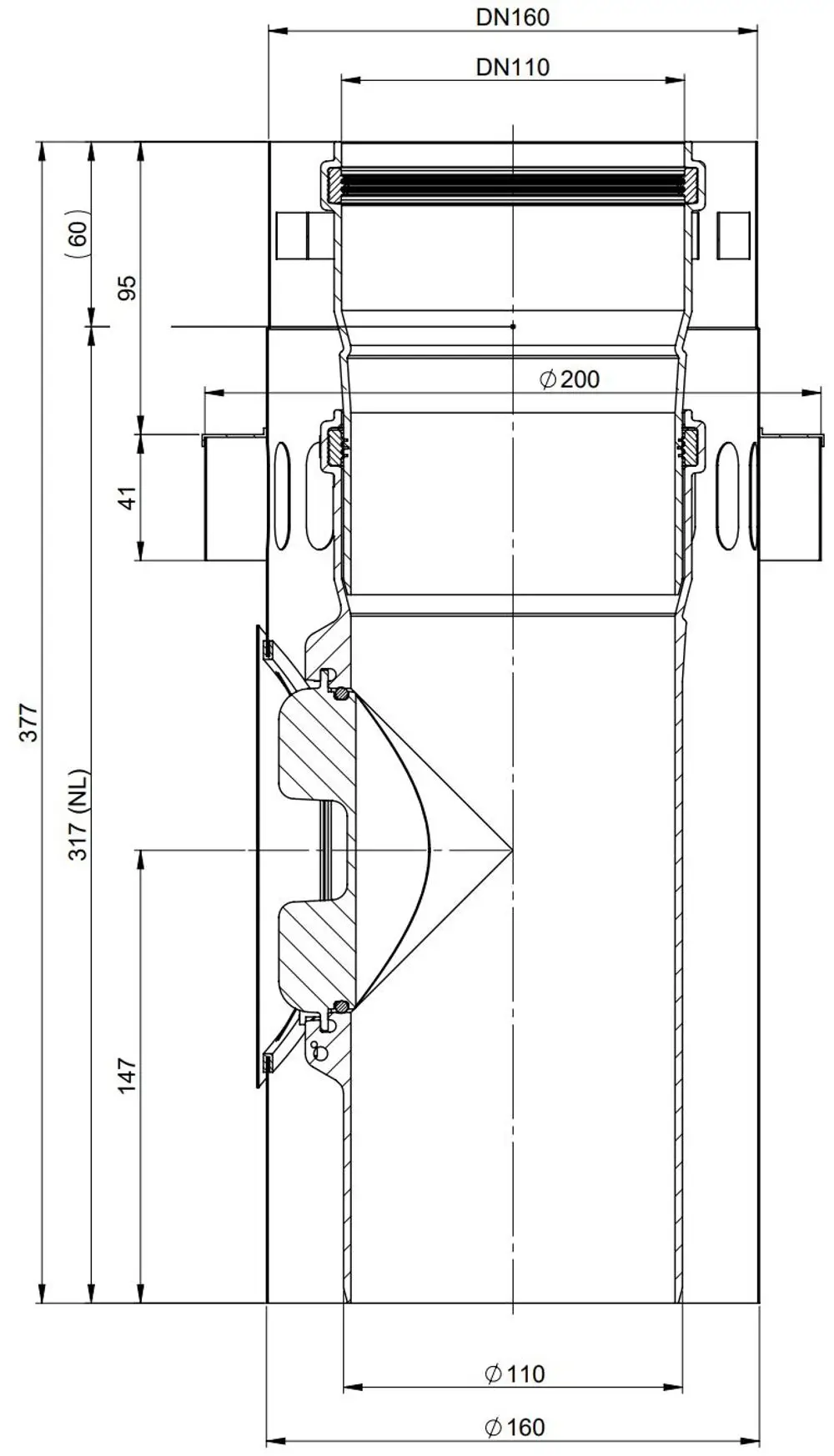 Kontrollrohr mit Zuluftansaugung, gefertigt aus Edelstahl, zeigt Anschlussmöglichkeiten für DN110 und DN160. Produkt von ATEC, technische Zeichnung mit Abmessungen.