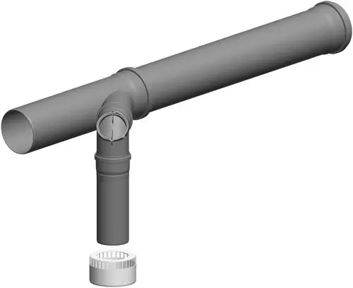 Graues Rohrsystem mit einem abgewinkelten Anschluss und einem Netzteil, hergestellt von ATEC, zur Verwendung in Abwassersystemen.