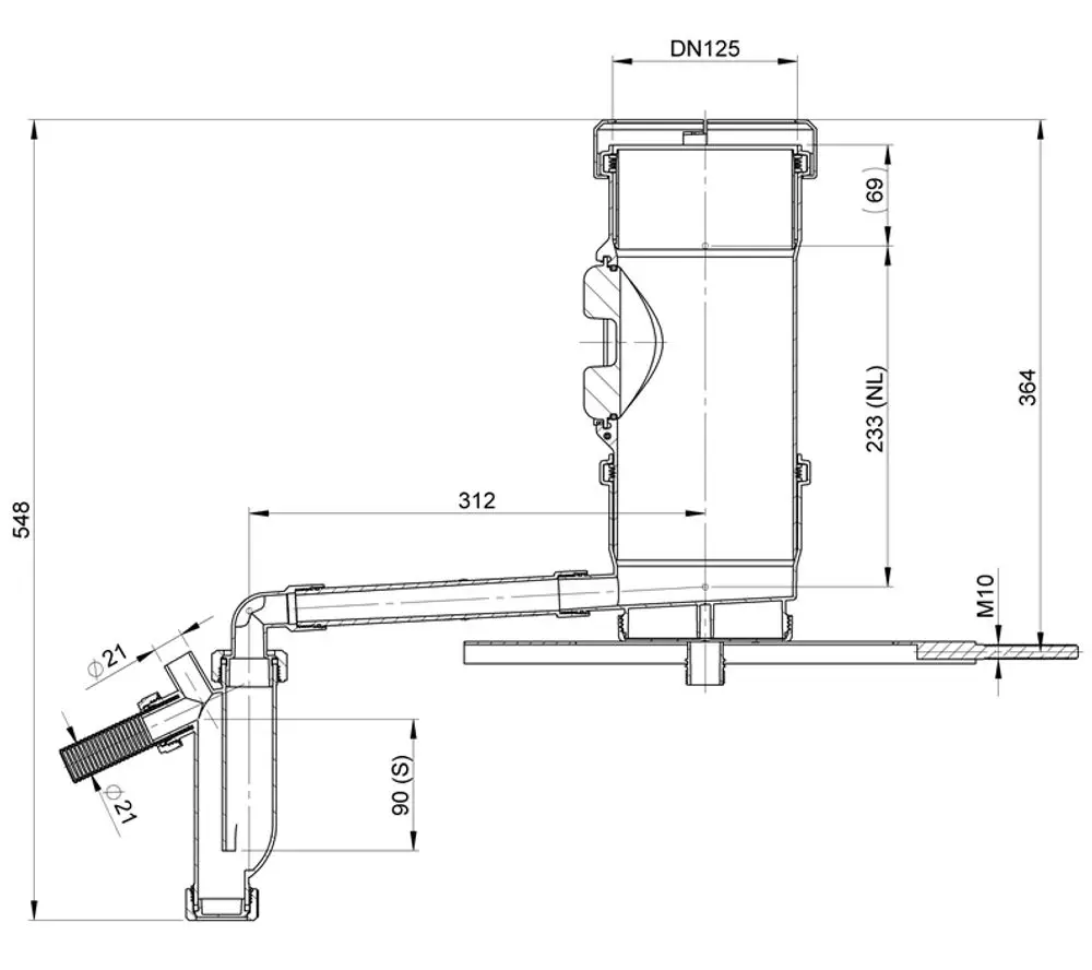 Technisches Diagramm eines Kontrollrohrs mit Kondensatablauf, hergestellt von ATEC. Darstellung der Maße und Anschlussmöglichkeiten in Seitenansicht.