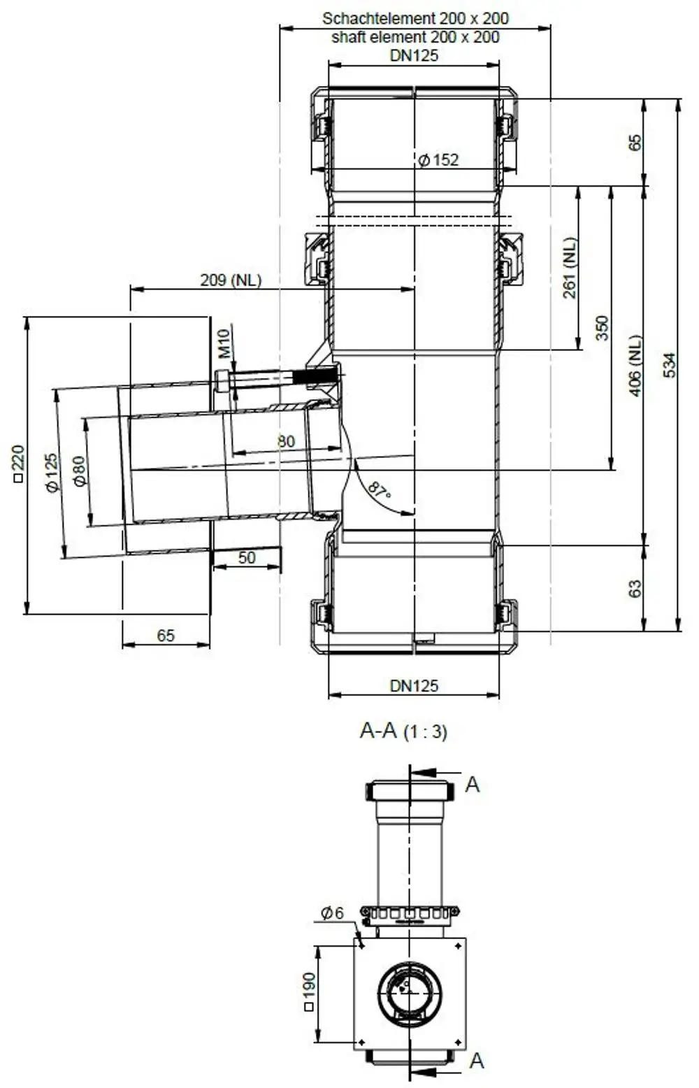 Schematische Darstellung eines ATEC Feuerstättenanschlusses mit verschiedenen Abmessungen und Anschlüssen, inklusive Ansichten und Detailmaßen.