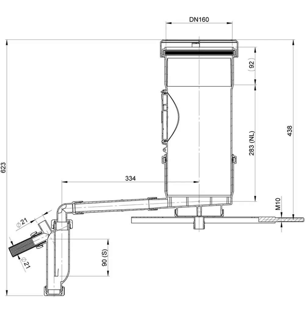 Kontroll-Rohr mit Kondensatablauf, installiert mit Rohrleitung und Befestigungselementen. Produkt von ATEC, dargestellt in technischem Schnitt mit Maßangaben.