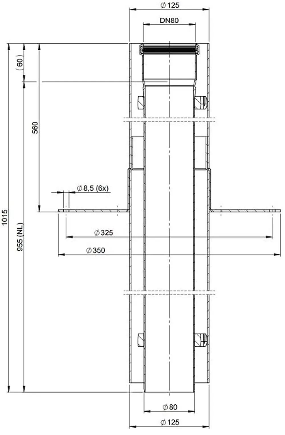 Schematische Darstellung eines Abgasdurchgangs aus PVC mit verschiedenen Durchmessern, gefertigt von ATEC, mit klaren Maßangaben und Anschlüssen.