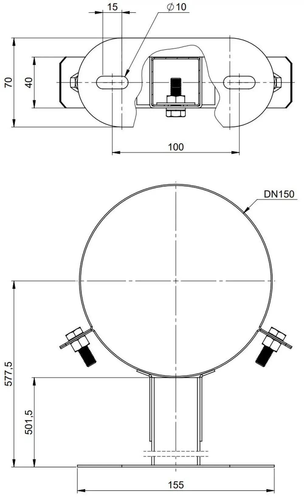 Wandabstandhalter aus Edelstahl, Modell von ATEC. Zeigt technische Zeichnungen mit Maßen und Anschlussmöglichkeiten für DN100 und DN150.