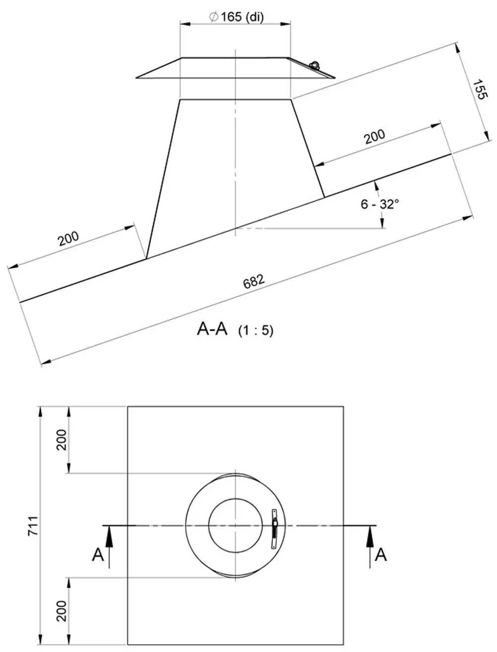 Skizze einer Dachdurchführung von ATEC, mit Dachkragen, gezeichnet in seitlicher und oberer Ansicht, verschiedene Maßangaben und Winkel sind sichtbar.