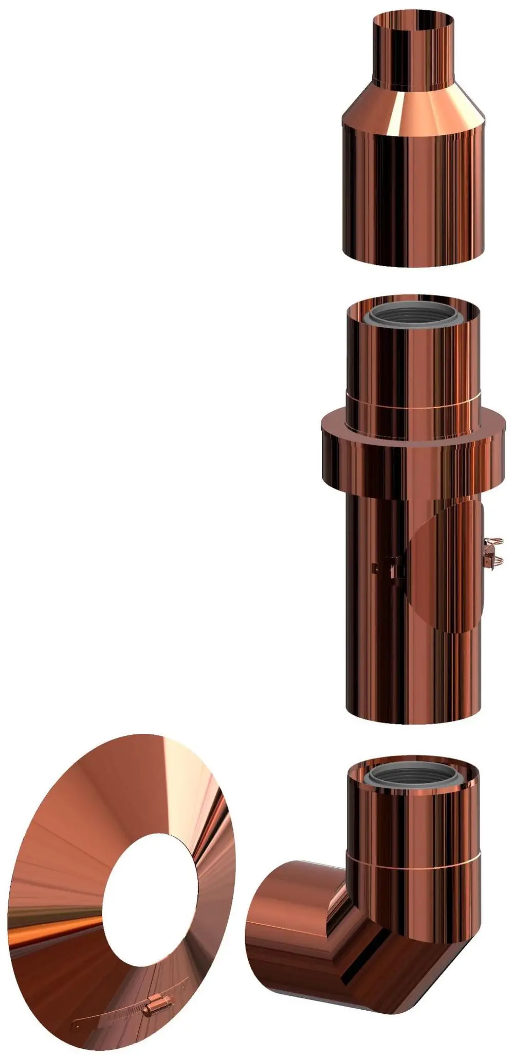 Edelstahl-Rohrsystemteile in Kupferoptik von ATEC, bestehend aus mehreren Rohr- und Verbindungselementen für die Außenwandinstallation.