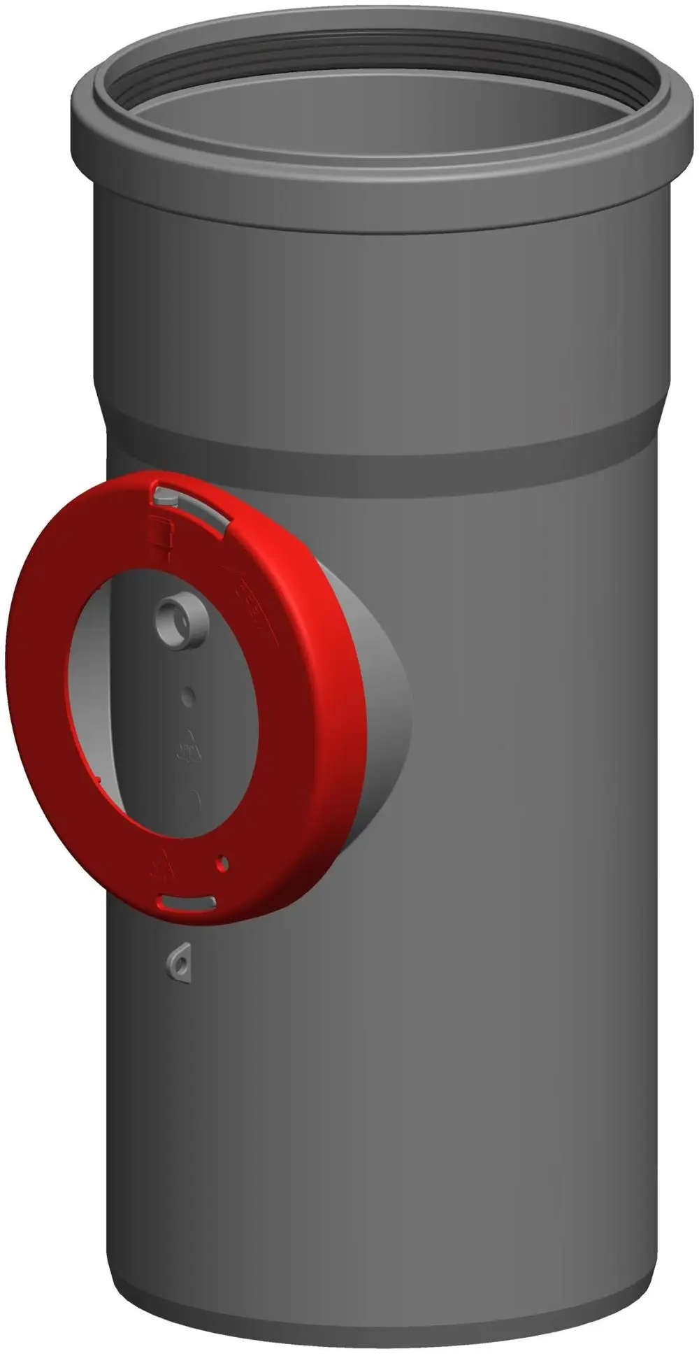 Graues Kontrollrohr mit rotem Verschlussmechanismus. Das Produkt ist von der Marke ATEC und wird für die Überwachung von Rohrsystemen verwendet.