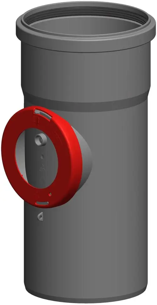 Graues Kontrollrohr mit rotem Verschlussmechanismus. Das Produkt ist von der Marke ATEC und wird für die Überwachung von Rohrsystemen verwendet.