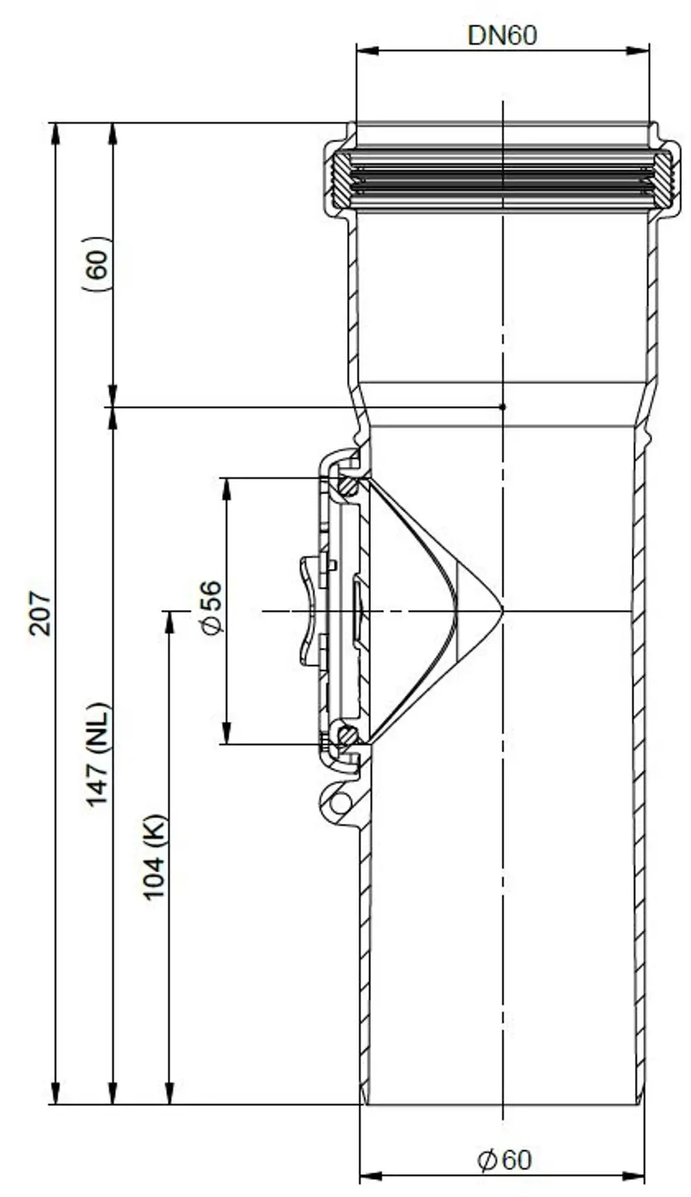 Einwandiges Kontrollrohr mit sichtlichen Anschlussmöglichkeiten. Hersteller ATEC. Abmessungen und spezifische Details sind im technischen Zeichnungsformat dargestellt.