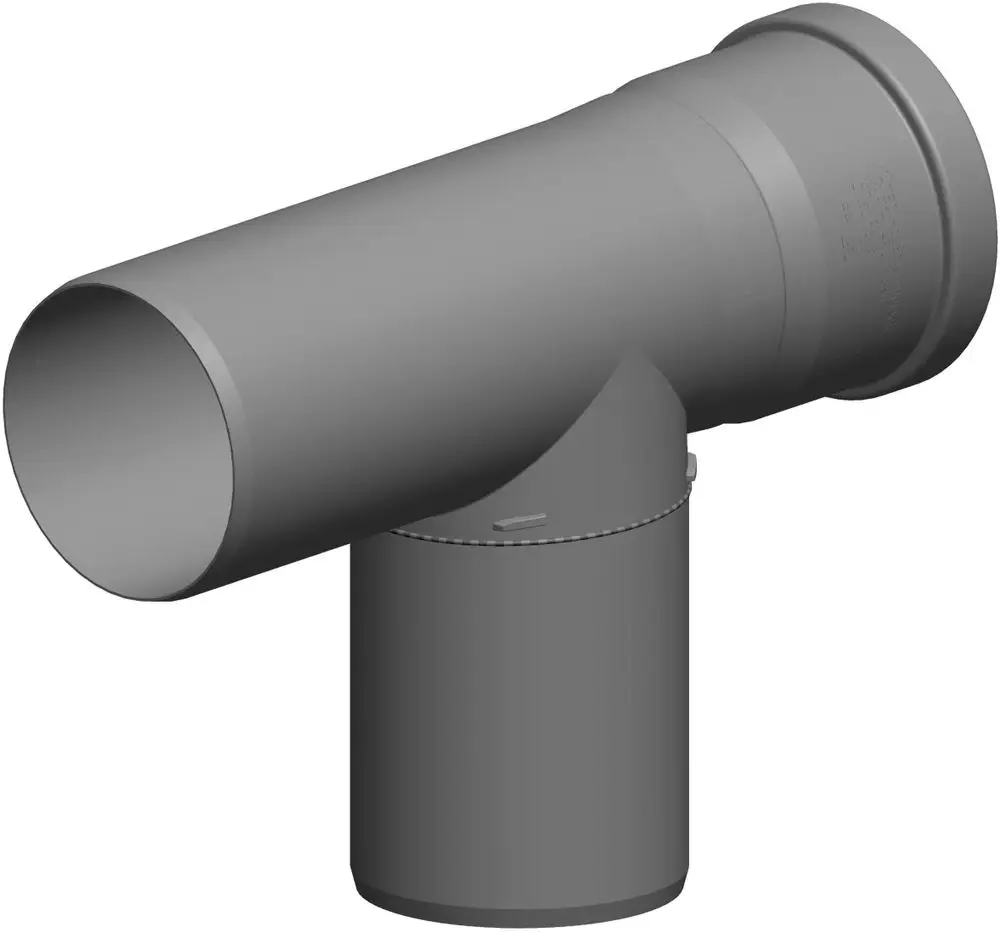 T-Stück von ATEC mit zwei parallelen Rohren, das in einem Winkel verbunden ist. Für Rohrleitungen in der Sanitär- oder Abwasserinstallation geeignet.