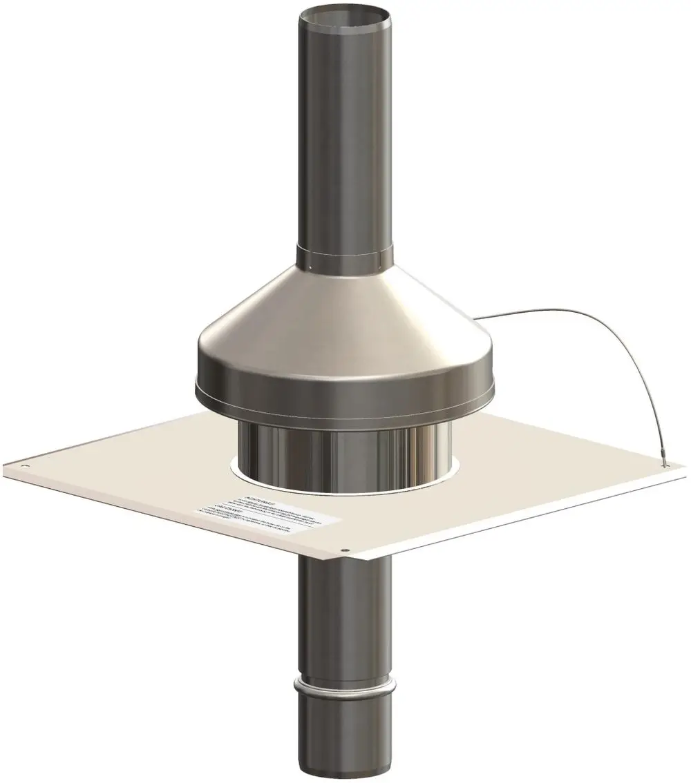 Edelstahl-Mündungsset von ATEC mit konischem Schornstein und quadratischer Grundplatte. Geeignet für Abgas- oder Abluftsysteme.