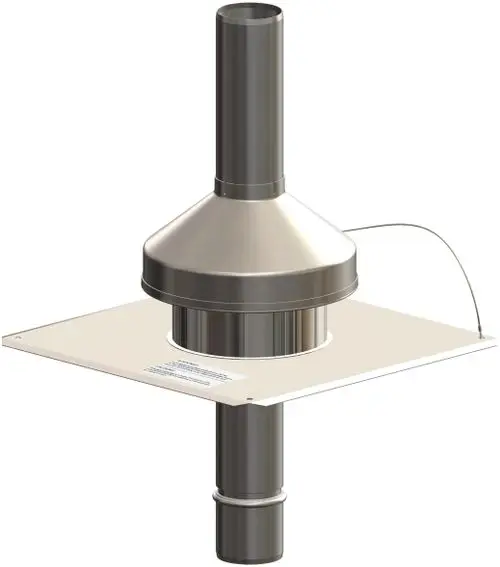 Edelstahl-Mündungsset von ATEC mit konischem Schornstein und quadratischer Grundplatte. Geeignet für Abgas- oder Abluftsysteme.