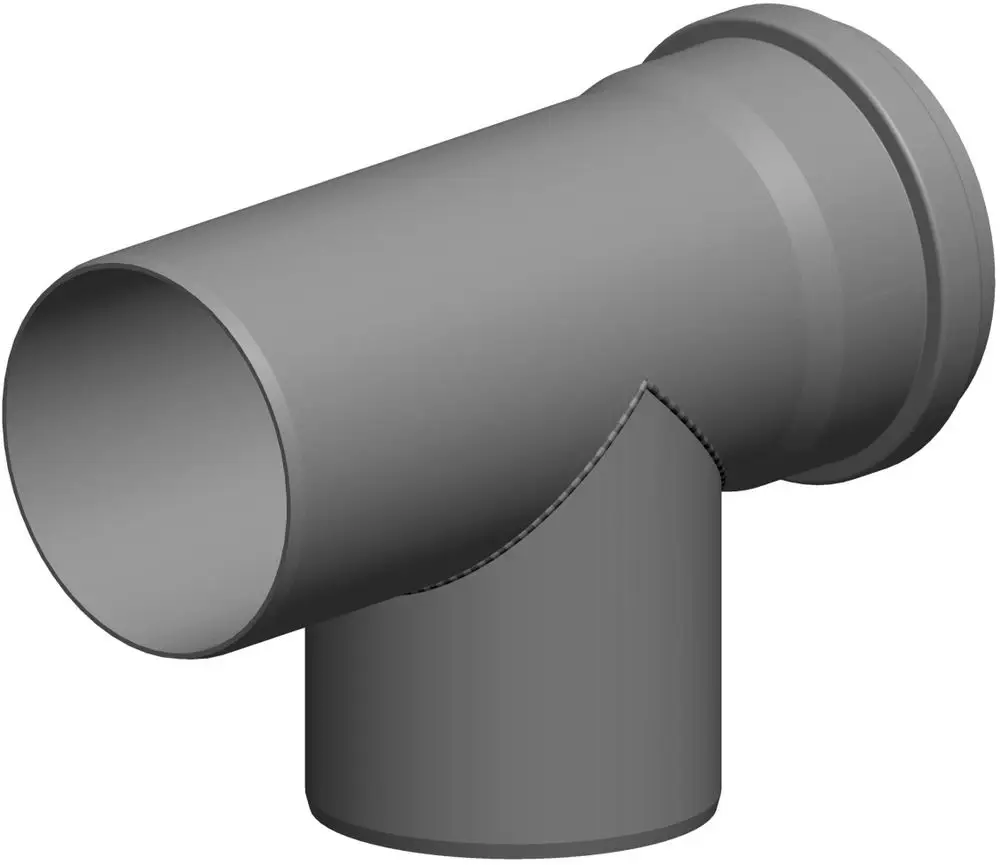T-Stück aus Kunststoff mit zwei seitlichen Anschlüssen und einem höheren zentralen Anschluss. Produkt von ATEC für Rohrverbindungen.