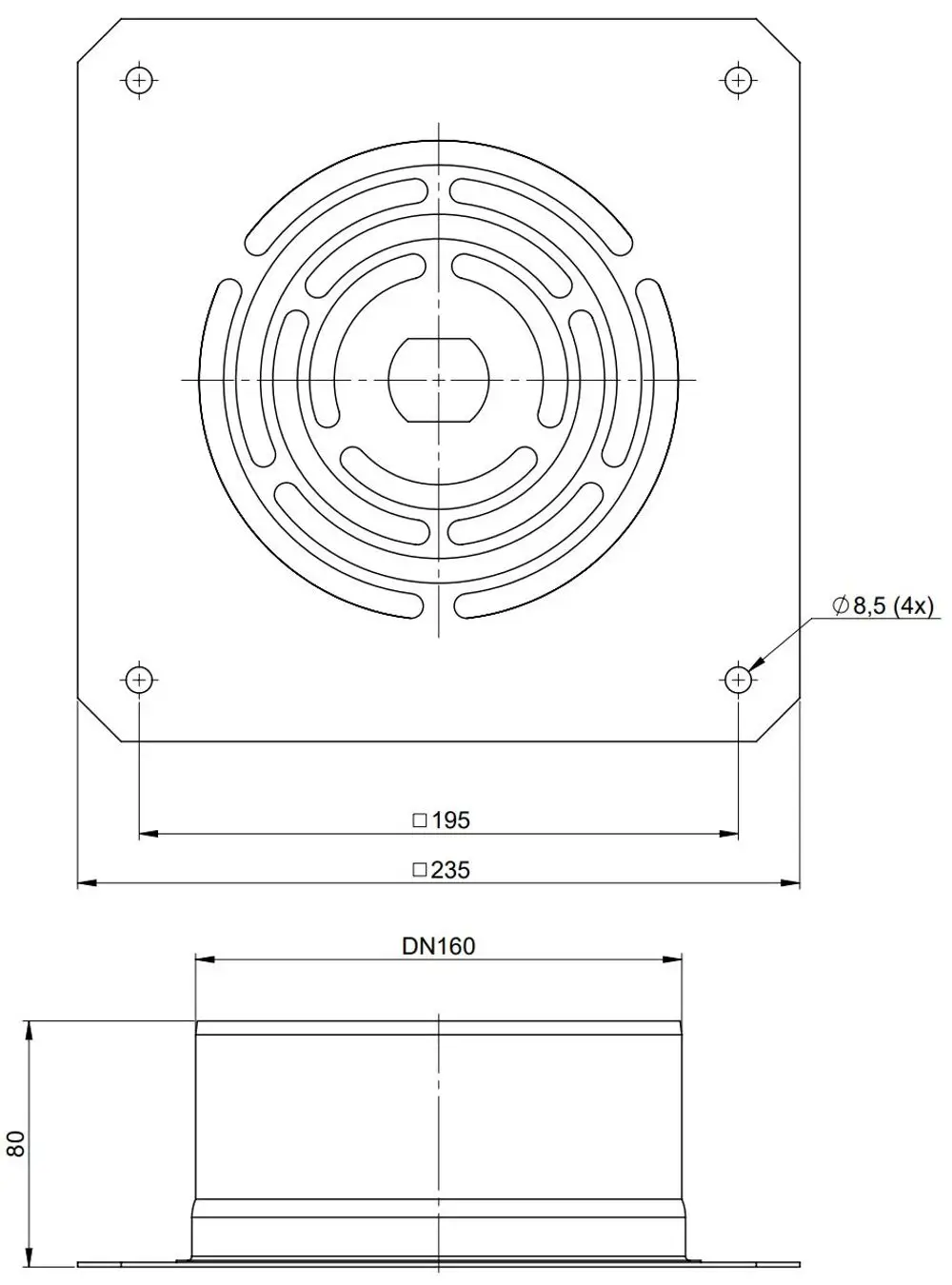 Technische Zeichnung einer Verankerungsplatte von ATEC, mit kreisförmigen Öffnungen und Montagebohrungen, geeignet für Mehrfachbelegung DN110/160.