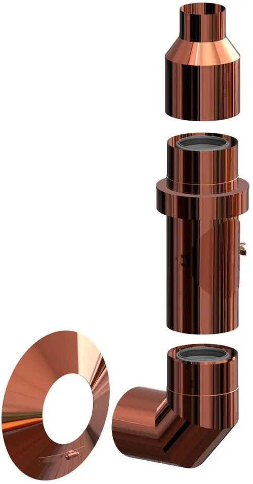 Verkupferte Edelstahlrohre und -stücke aus einem ATEC-Set für die Außenwandinstallation, bestehend aus einem Übergangs- und einem Winkelstück, montierbar für DN80/125.