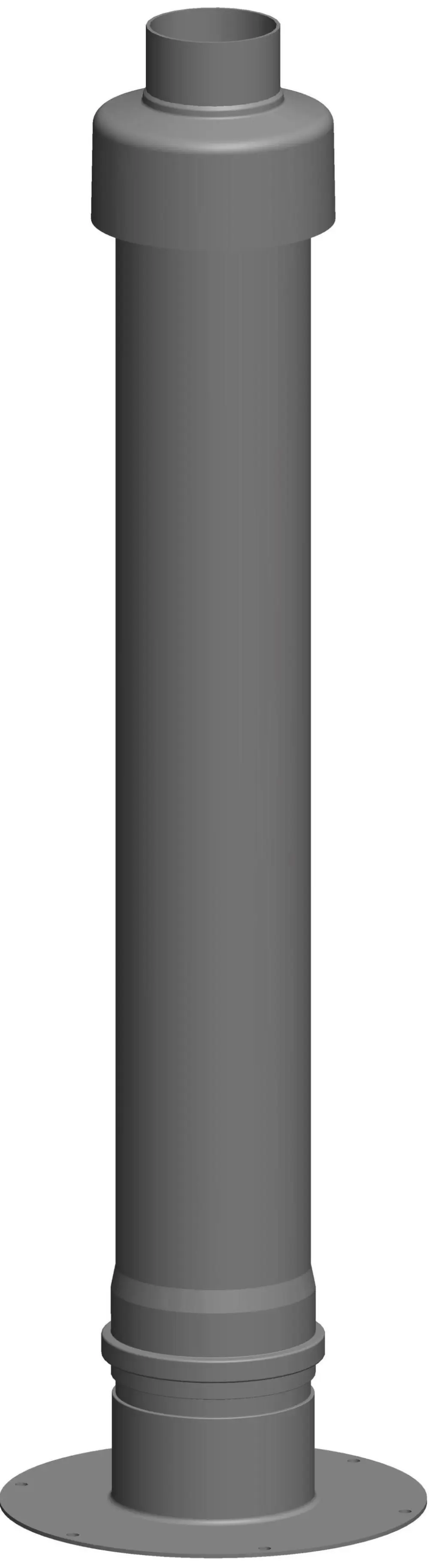 PVC-Rohr mit runder Form und Flanschbasis, hergestellt von ATEC, zur Abgasführung durch Flachdächer, mit Verbindungselementen am oberen Ende.
