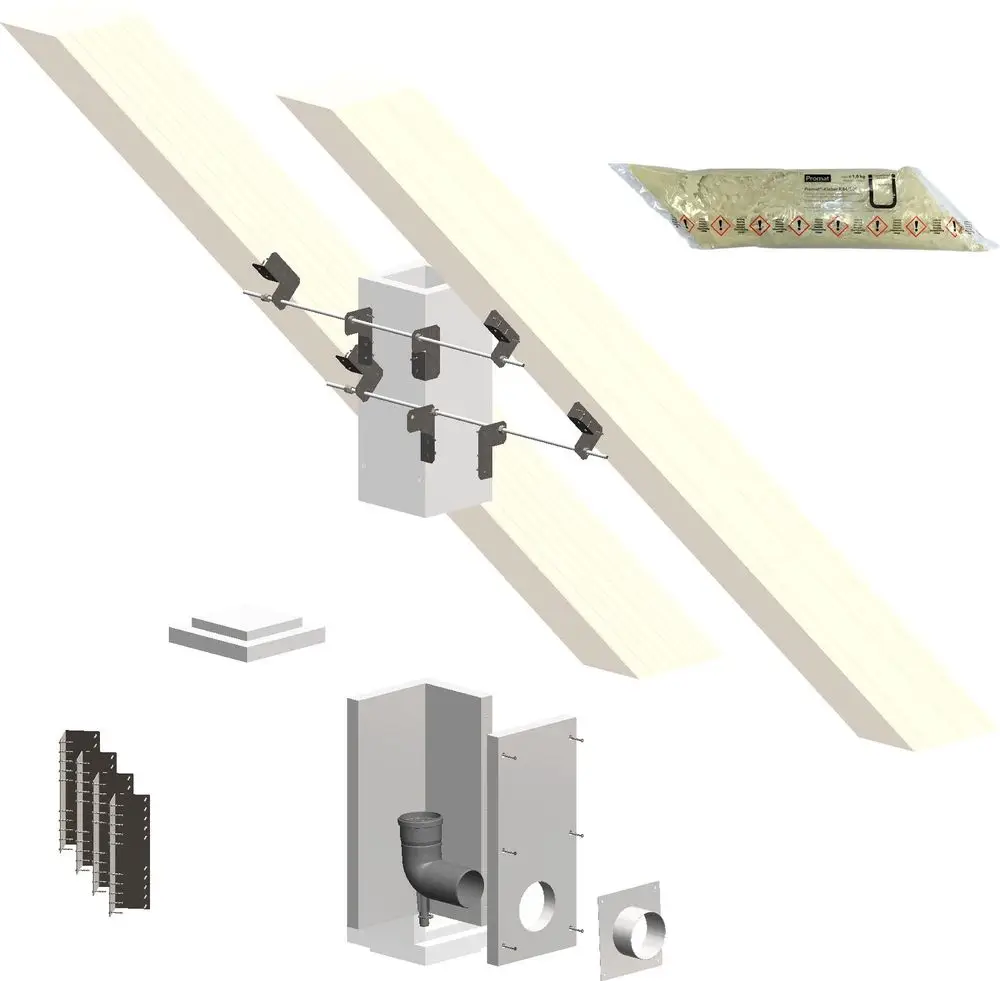 Montageset von ATEC mit Halterungen, Klemmen und einem Abflussrohr. Komponenten für eine Bodenmontage sind übersichtlich dargestellt.